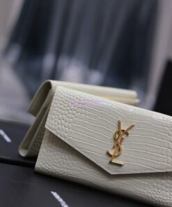 Replica Saint Laurent YSL Uptown Large Wallet in Crocodile-Embossed Shiny Leather white 2