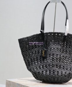 Replica YSL Saint Laurent Panier Medium Bag In Raffia 761457 Black 2 Replica YSL Saint Laurent Panier Medium Bag In Raffia 761457 Black 2