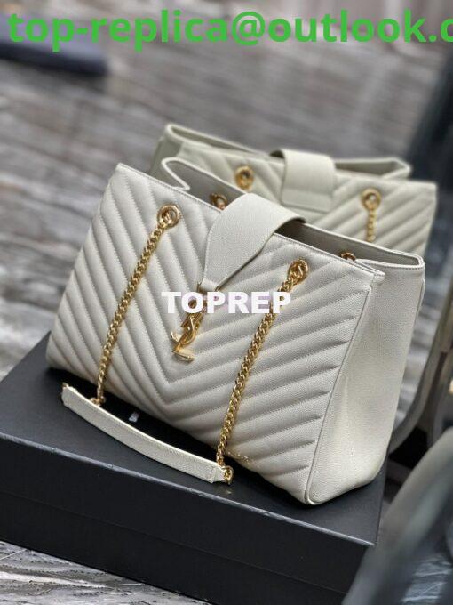 Replica YSL Saint Laurent Classic Chevron Quilted Monogram Shopping Bag in Grained Calfskin 668900 White 3