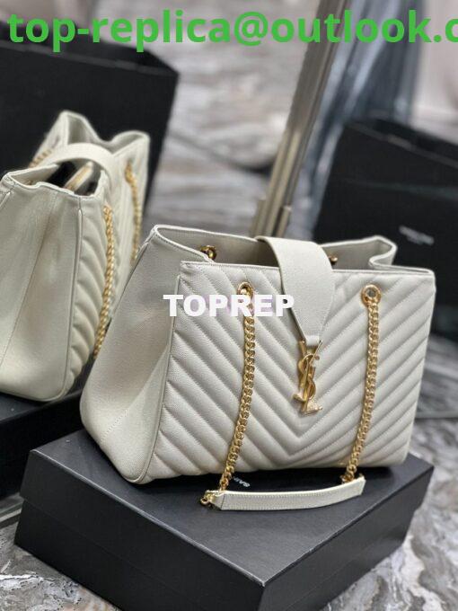 Replica YSL Saint Laurent Classic Chevron Quilted Monogram Shopping Bag in Grained Calfskin 668900 White 4