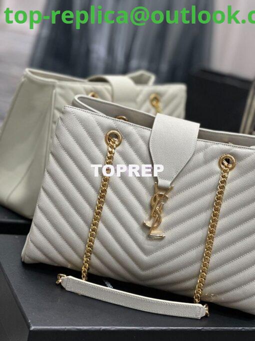 Replica YSL Saint Laurent Classic Chevron Quilted Monogram Shopping Bag in Grained Calfskin 668900 White 5