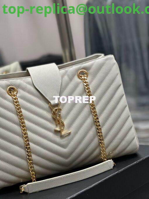 Replica YSL Saint Laurent Classic Chevron Quilted Monogram Shopping Bag in Grained Calfskin 668900 White 6