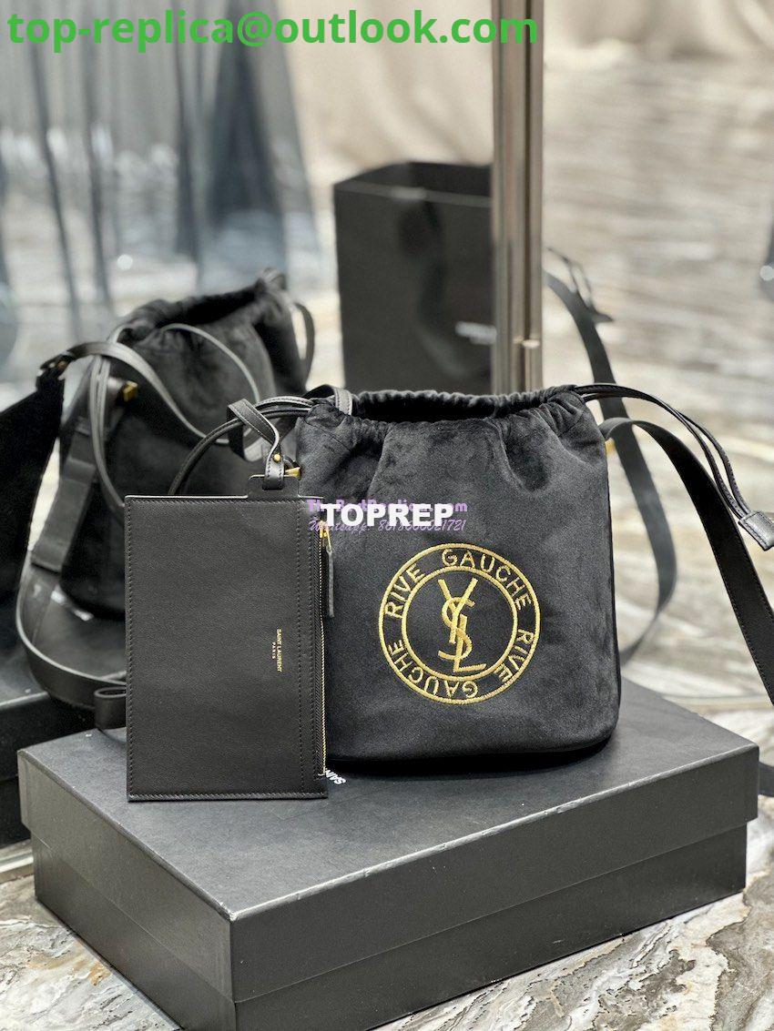 Replica YSL Saint Laurent Rive Gauche Embroidered Felt And Smooth Leather Lace-up Bucket Bag 710261 Replica YSL Saint Laurent Rive Gauche Embroidered Felt And Smooth Leather Lace-up Bucket Bag 710261