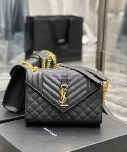 Replica YSL Saint Laurent Medium Envelope Bag In Mix Matelassé Grain De Poudre Embossed Leather 487206 Black in Gold Hardware