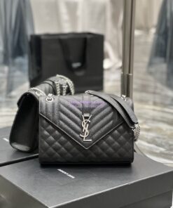 Replica YSL Saint Laurent Medium Envelope Bag In Mix Matelassé Grain De Poudre Embossed Leather 487206 Black in Silver Hardware