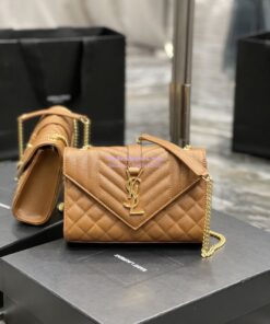 Replica Ysl Envelope Small Bag In Mix Matelasse Grain De Poudre Embossed Leather 526286 Caramel