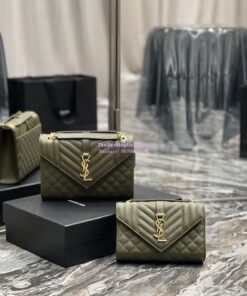 Replica Ysl Envelope Small Bag In Mix Matelasse Grain De Poudre Embossed Leather 526286 Olive Green