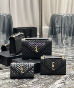 Replica YSL Saint Laurent Envelope Large Bag In Mix Matelasse Grain De Poudre Embossed Leather 487198 Black with Gold Hardware