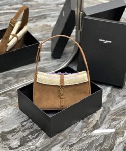 Replica YSL  Saint Laurent Le 5 À 7 Hobo Bag In Suede And Shearling Dark Cigar And Natural Beige 657228