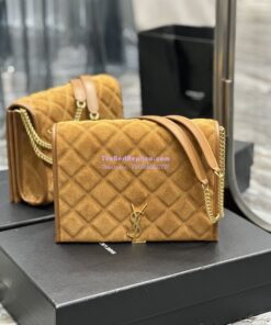 Replica YSL Saint Laurent Becky Mini Chain Bag In Carré-Quilted Suede 6292461 Caramel