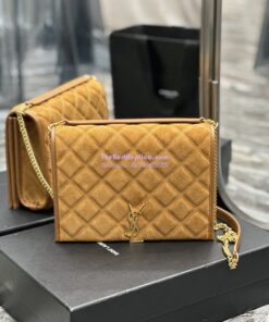 Replica YSL Saint Laurent Becky Mini Chain Bag In Carré-Quilted Suede 6292461 Caramel 2