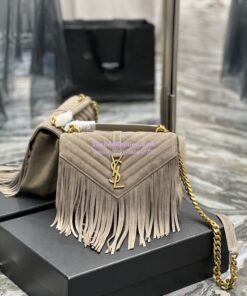 Replica YSL Saint Laurent College Medium Chain Bag In Light Suede With Fringes 531705 Dusty Grey