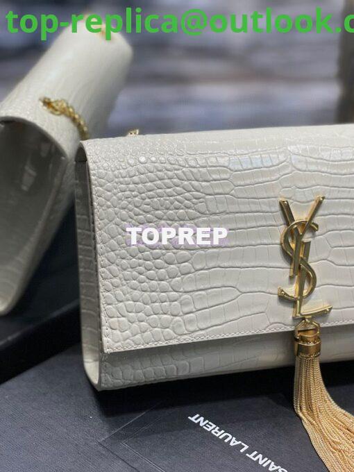 Replica YSL Classic Medium Kate Monogram Saint Laurent Tassel Satchel In Blanc Crocodile Embossed Shiny Leather 354119 3