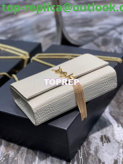 Replica YSL Classic Medium Kate Monogram Saint Laurent Tassel Satchel In Blanc Crocodile Embossed Shiny Leather 354119 6