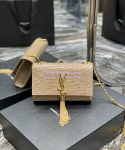 Replica YSL Saint Laurent Kate Chain Wallet With Tassel In Crocodile-embossed Shiny Leather 452159 Beige