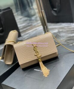 Replica YSL Saint Laurent Kate Chain Wallet With Tassel In Crocodile-embossed Shiny Leather 452159 Beige 2