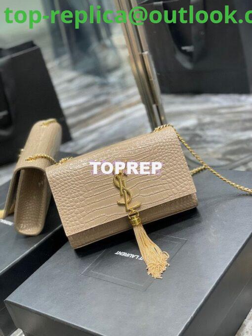 Replica YSL Saint Laurent Kate Chain Wallet With Tassel In Crocodile-embossed Shiny Leather 452159 Beige 2