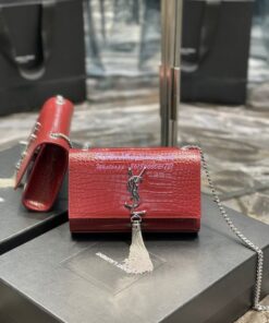 Replica YSL Saint Laurent Kate Chain Wallet With Tassel In Crocodile-embossed Shiny Leather 452159 Wine