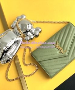 Replica YSL Saint Laurent Monogram Chain Wallet Grain De Poudre Textured Matelasse Leather Pistache