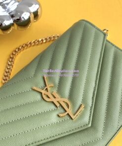 Replica YSL Saint Laurent Monogram Chain Wallet Grain De Poudre Textured Matelasse Leather Pistache 2