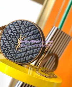 Replica YSL Saint Laurent Vinyle Round Camera Bag In Chevron-quilted Denim And Suede 6104362 2