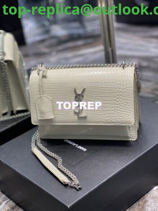 Replica YSL Saint Laurent Medium Sunset Monogram Crocodile embossed bag in Blanc w Silver Hardware 2