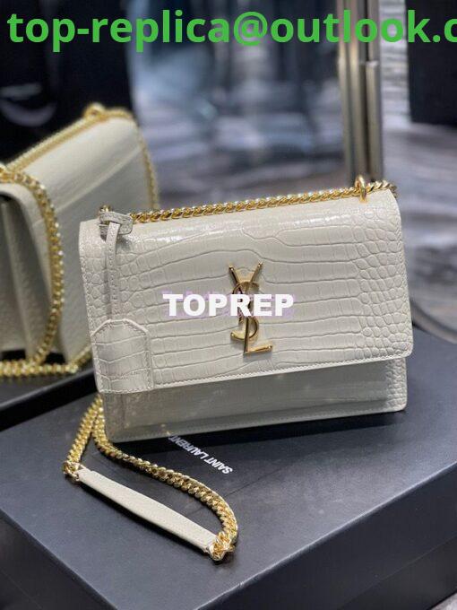 Replica YSL Saint Laurent Medium Sunset Monogram Crocodile embossed bag in Blanc w Gold Hardware