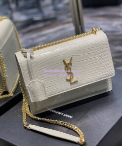 Replica YSL Saint Laurent Medium Sunset Monogram Crocodile embossed bag in Blanc w Gold Hardware 2