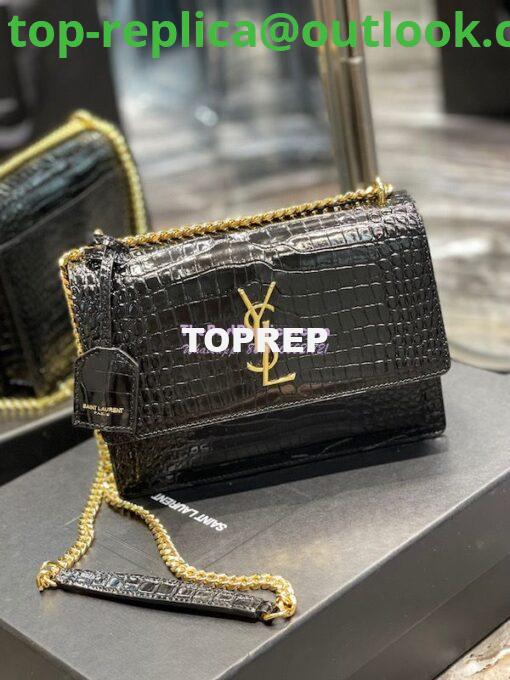 Replica YSL Saint Laurent Medium Sunset Monogram Crocodile embossed bag in Black w Gold Hardware