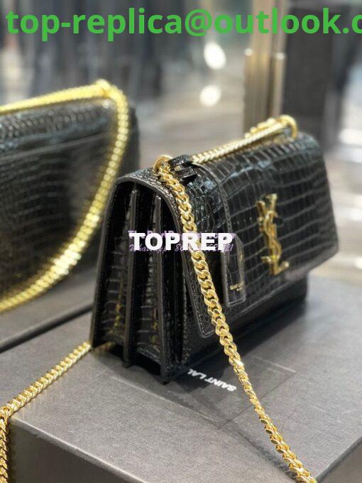 Replica YSL Saint Laurent Medium Sunset Monogram Crocodile embossed bag in Black w Gold Hardware 4