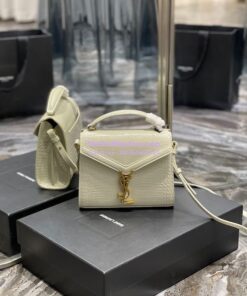 Replica YSL Saint Laurent Cassandra Mini Top Handle Bag In Crocodile Embossed Shiny Leather 602716 White