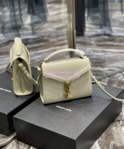 Replica YSL Saint Laurent Cassandra Mini Top Handle Bag In Crocodile Embossed Shiny Leather 602716 White 2