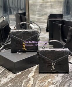 Replica YSL Saint Laurent Cassandra Medium Top Handle Bag In Shiny Crocodile-embossed Leather 578000 Black Gold Hardware