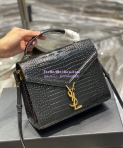 Replica YSL Saint Laurent Cassandra Medium Top Handle Bag In Shiny Crocodile-embossed Leather 578000 Black Gold Hardware 2