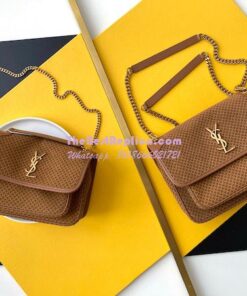 Replica YSL Saint Laurent Niki Woven Print Suede Small Medium Shoulder Bag 633158 Brun