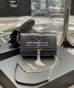 Replica YSL Saint Laurent Kate Chain Wallet With Tassel In Crocodile-embossed Shiny Leather 452159 Black Silver Hardware