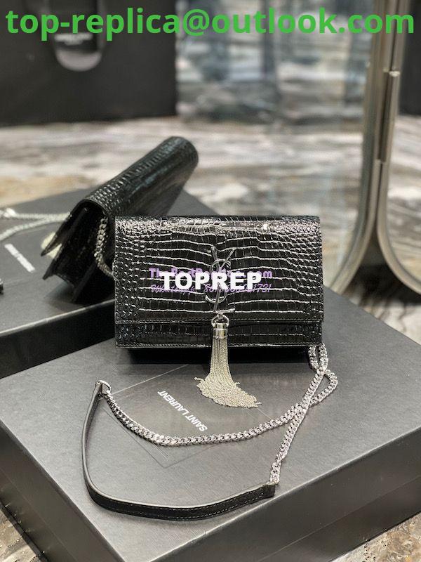 Replica YSL Saint Laurent Kate Chain Wallet With Tassel In Crocodile-embossed Shiny Leather 452159 Black Silver Hardware Replica YSL Saint Laurent Kate Chain Wallet With Tassel In Crocodile-embossed Shiny Leather 452159 Black Silver Hardware