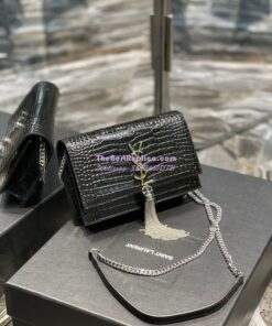 Replica YSL Saint Laurent Kate Chain Wallet With Tassel In Crocodile-embossed Shiny Leather 452159 Black Silver Hardware 2