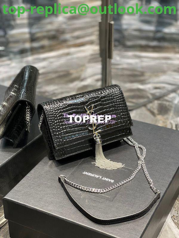 Replica YSL Saint Laurent Kate Chain Wallet With Tassel In Crocodile-embossed Shiny Leather 452159 Black Silver Hardware 2 Replica YSL Saint Laurent Kate Chain Wallet With Tassel In Crocodile-embossed Shiny Leather 452159 Black Silver Hardware 2
