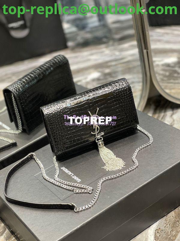Replica YSL Saint Laurent Kate Chain Wallet With Tassel In Crocodile-embossed Shiny Leather 452159 Black Silver Hardware 3 Replica YSL Saint Laurent Kate Chain Wallet With Tassel In Crocodile-embossed Shiny Leather 452159 Black Silver Hardware 3