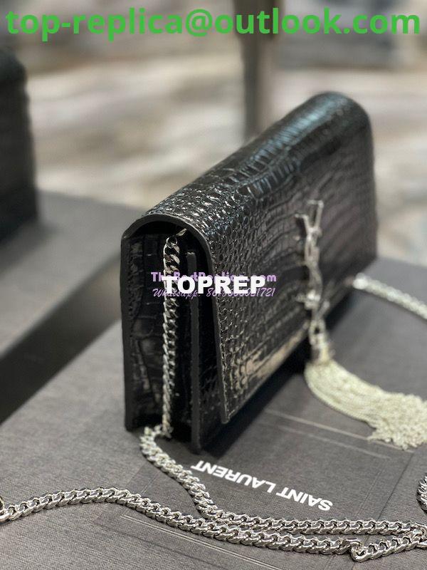 Replica YSL Saint Laurent Kate Chain Wallet With Tassel In Crocodile-embossed Shiny Leather 452159 Black Silver Hardware 4 Replica YSL Saint Laurent Kate Chain Wallet With Tassel In Crocodile-embossed Shiny Leather 452159 Black Silver Hardware 4