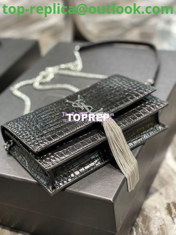 Replica YSL Saint Laurent Kate Chain Wallet With Tassel In Crocodile-embossed Shiny Leather 452159 Black Silver Hardware 7 Replica YSL Saint Laurent Kate Chain Wallet With Tassel In Crocodile-embossed Shiny Leather 452159 Black Silver Hardware 7