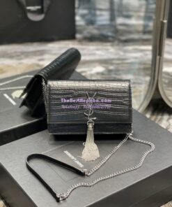 Replica YSL Saint Laurent Kate Chain Wallet With Tassel In Crocodile-embossed Matte Leather 452159 Black Silver Hardware