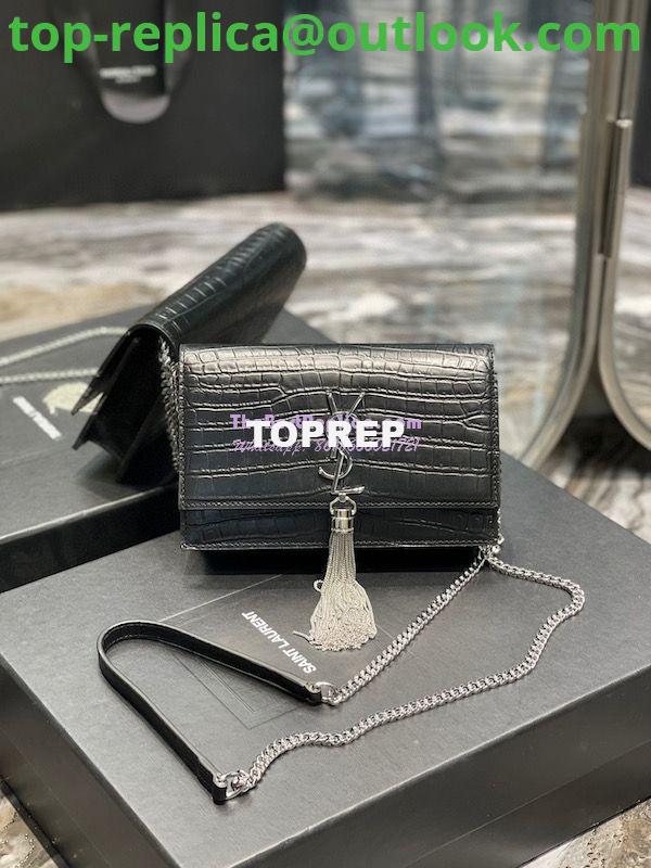 Replica YSL Saint Laurent Kate Chain Wallet With Tassel In Crocodile-embossed Matte Leather 452159 Black Silver Hardware Replica YSL Saint Laurent Kate Chain Wallet With Tassel In Crocodile-embossed Matte Leather 452159 Black Silver Hardware