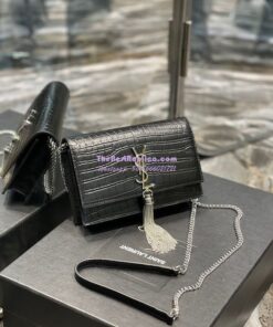 Replica YSL Saint Laurent Kate Chain Wallet With Tassel In Crocodile-embossed Matte Leather 452159 Black Silver Hardware 2