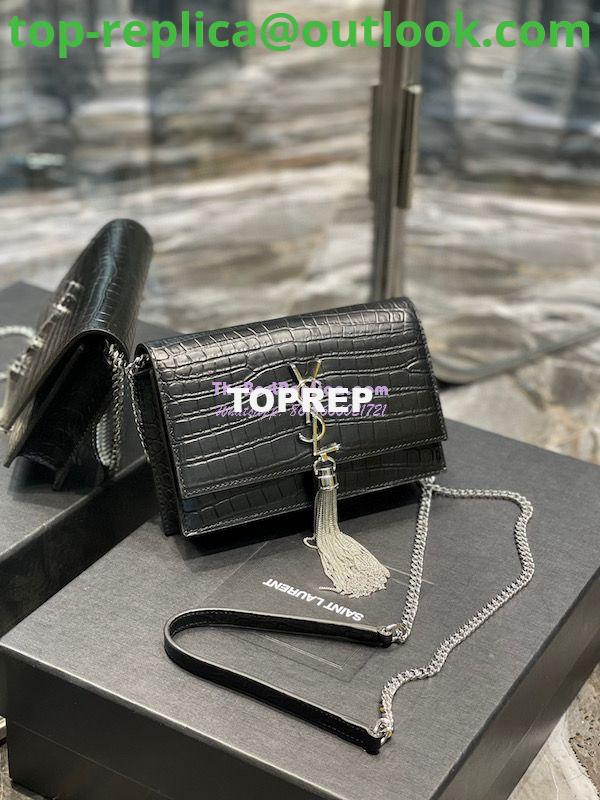 Replica YSL Saint Laurent Kate Chain Wallet With Tassel In Crocodile-embossed Matte Leather 452159 Black Silver Hardware 2 Replica YSL Saint Laurent Kate Chain Wallet With Tassel In Crocodile-embossed Matte Leather 452159 Black Silver Hardware 2