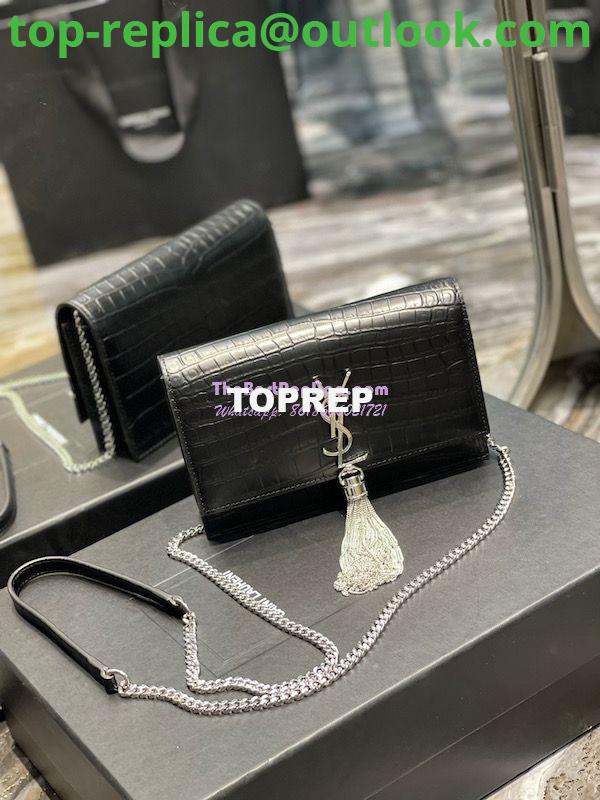 Replica YSL Saint Laurent Kate Chain Wallet With Tassel In Crocodile-embossed Matte Leather 452159 Black Silver Hardware 3 Replica YSL Saint Laurent Kate Chain Wallet With Tassel In Crocodile-embossed Matte Leather 452159 Black Silver Hardware 3