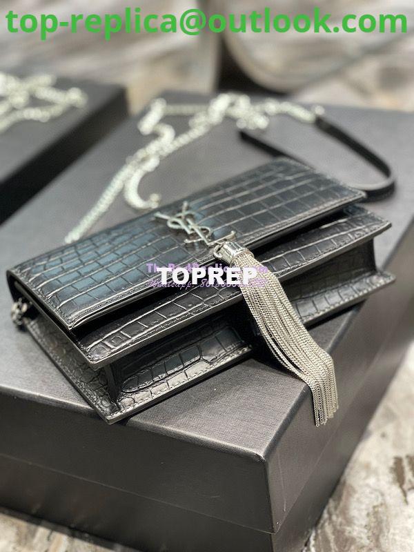 Replica YSL Saint Laurent Kate Chain Wallet With Tassel In Crocodile-embossed Matte Leather 452159 Black Silver Hardware 7 Replica YSL Saint Laurent Kate Chain Wallet With Tassel In Crocodile-embossed Matte Leather 452159 Black Silver Hardware 7