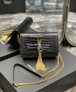 Replica YSL Saint Laurent Kate Chain Wallet With Tassel In Crocodile-embossed Shiny Leather 452159 Black Gold Hardware