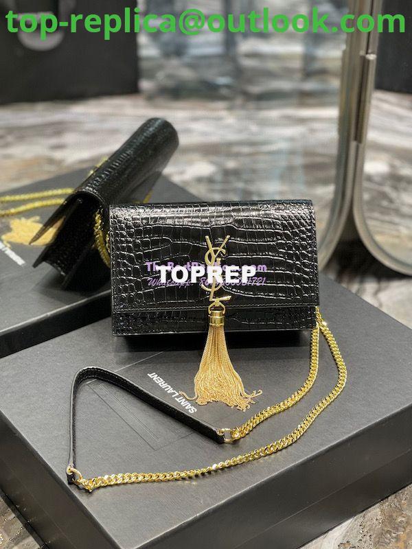 Replica YSL Saint Laurent Kate Chain Wallet With Tassel In Crocodile-embossed Shiny Leather 452159 Black Gold Hardware Replica YSL Saint Laurent Kate Chain Wallet With Tassel In Crocodile-embossed Shiny Leather 452159 Black Gold Hardware